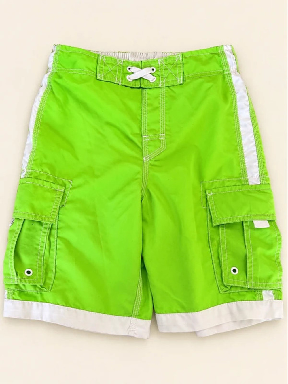 Cherokee Boys Medium 8/10 Neon Lime Green Cargo Swim Trunks White Trim